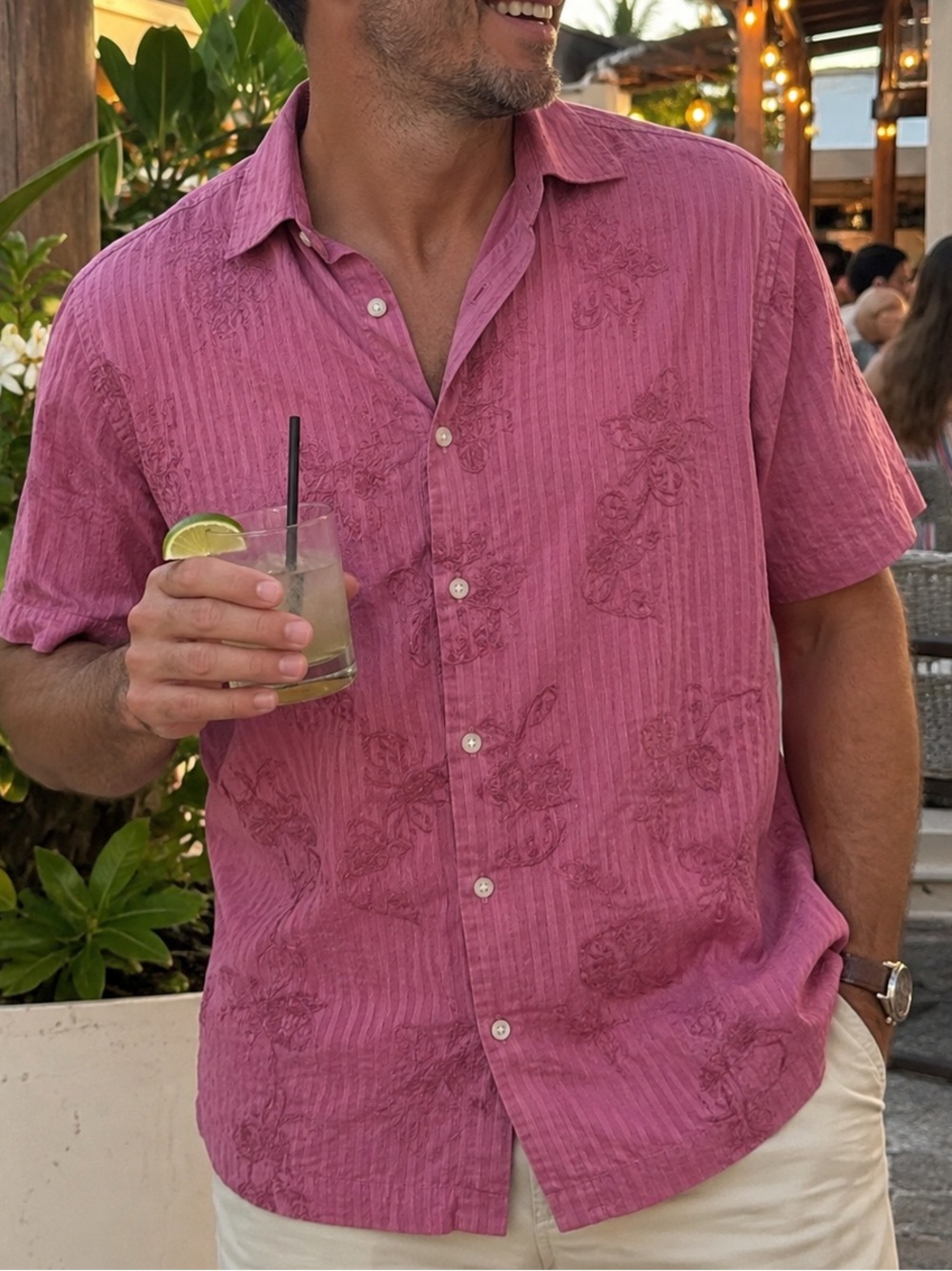 Tommy Bahama Floral Embroidered Button Silk Pink Short Sleeve Shirt Large